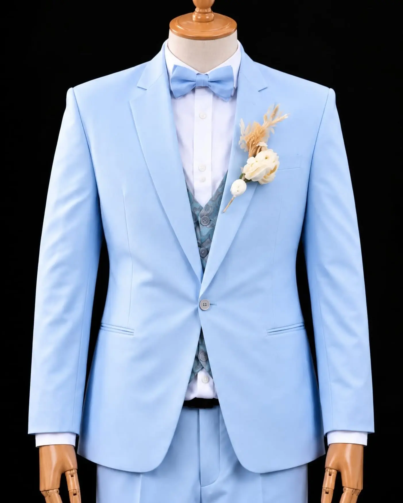 Detail jas biru muda dengan dasi kupu-kupu